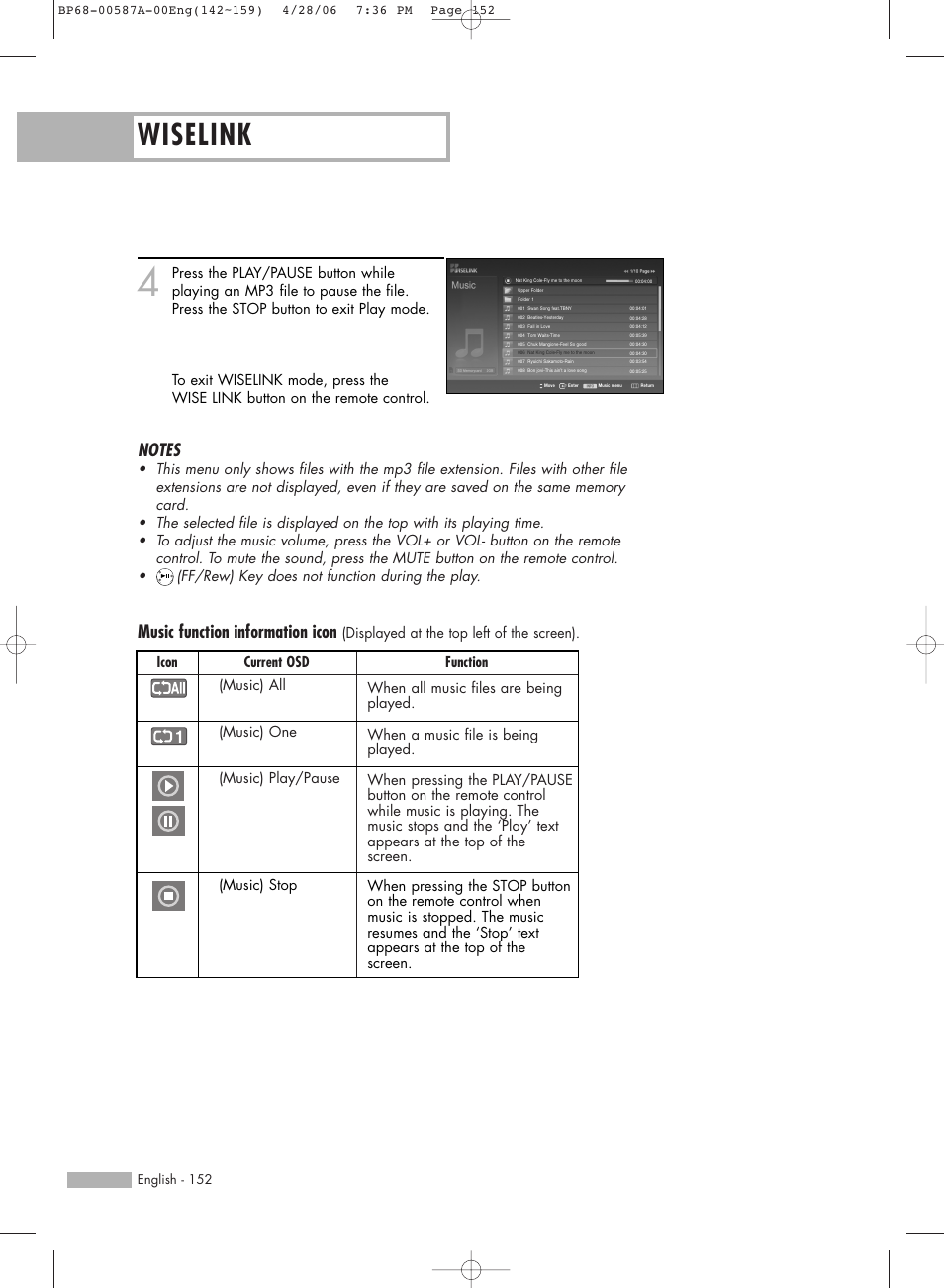 Wiselink, Music function information icon | Samsung HLS5679WX-XAA User Manual | Page 152 / 160