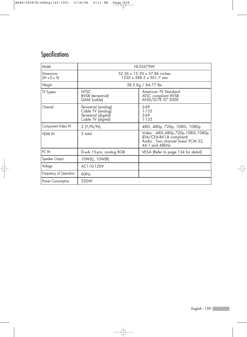 Specifications | Samsung HLS5679WX-XAA User Manual | Page 159 / 160