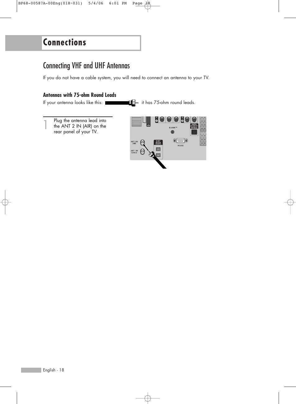 Connections, Connecting vhf and uhf antennas, Antennas with 75-ohm round leads | Samsung HLS5679WX-XAA User Manual | Page 18 / 160