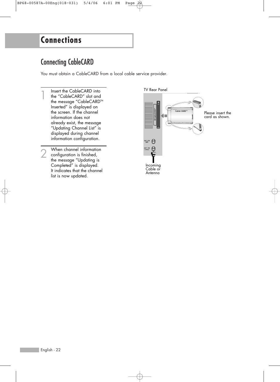 Connecting cablecard, Connections | Samsung HLS5679WX-XAA User Manual | Page 22 / 160