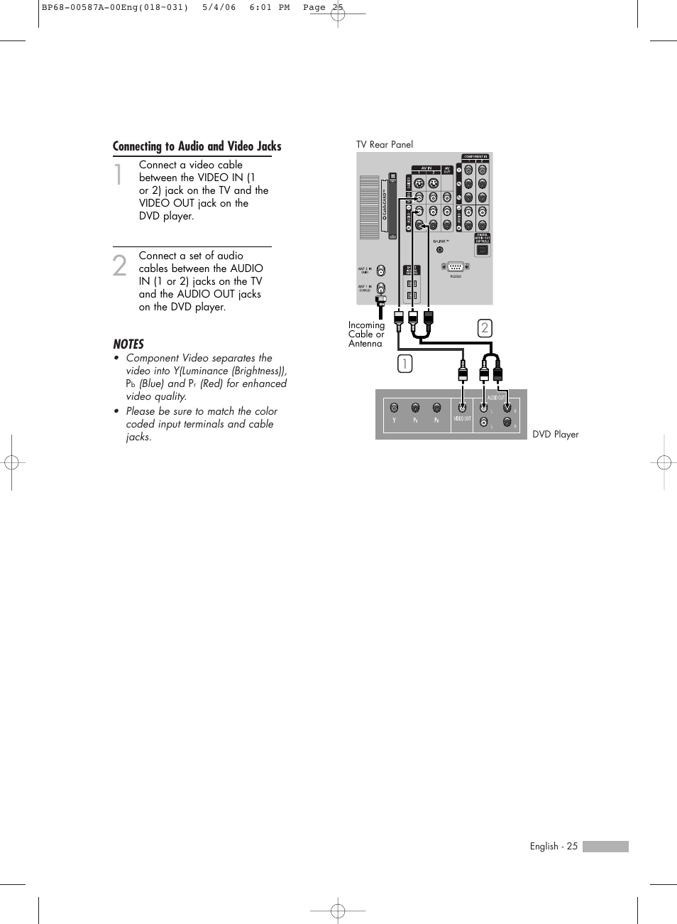 Connecting to audio and video jacks | Samsung HLS5679WX-XAA User Manual | Page 25 / 160