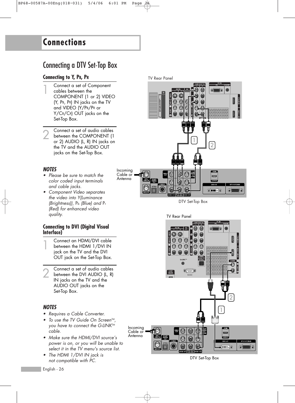 Connecting a dtv set-top box, Connecting to y, pb, pr, Connecting to dvi (digital visual | Connections | Samsung HLS5679WX-XAA User Manual | Page 26 / 160