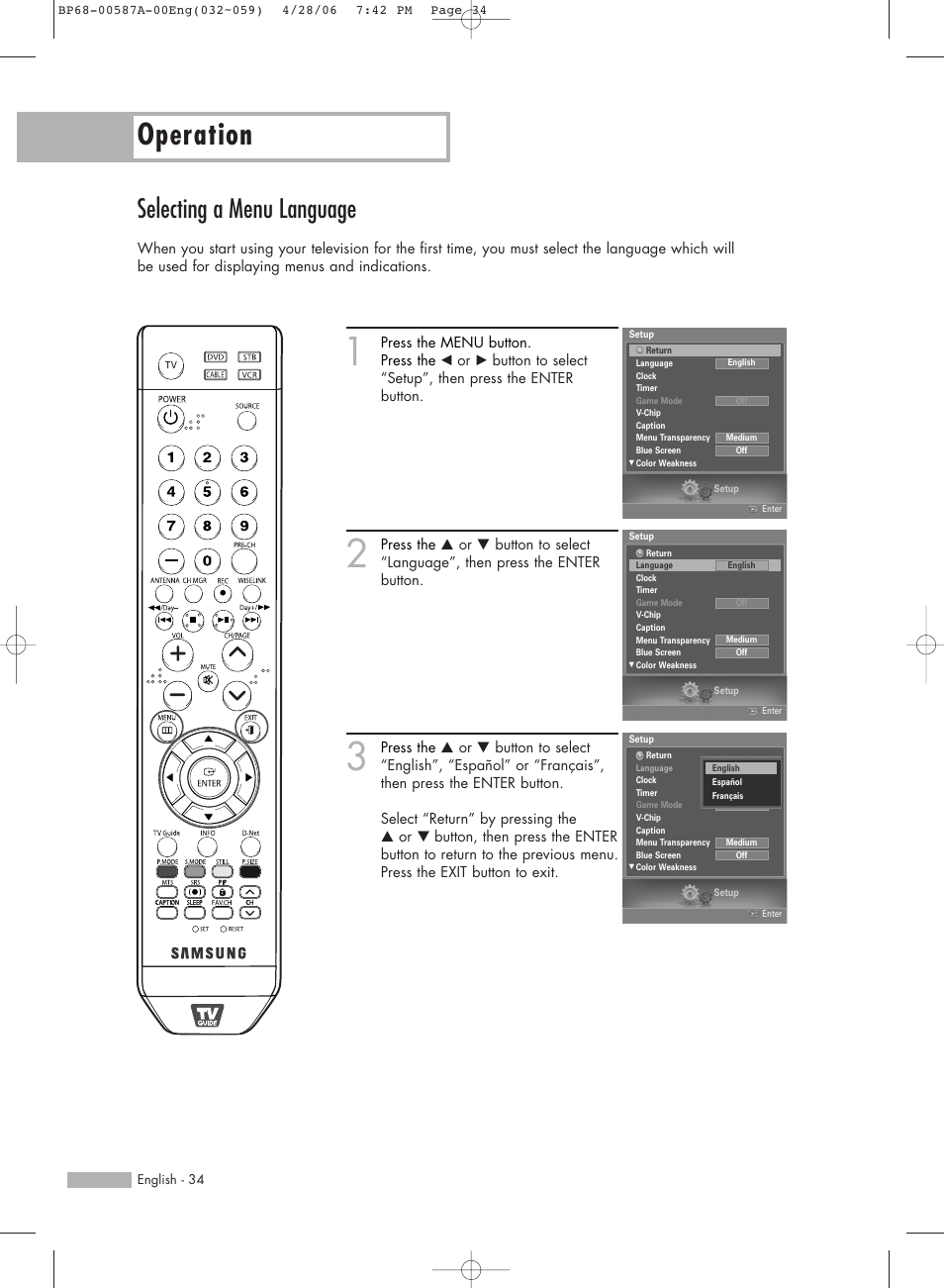 Selecting a menu language, Operation | Samsung HLS5679WX-XAA User Manual | Page 34 / 160