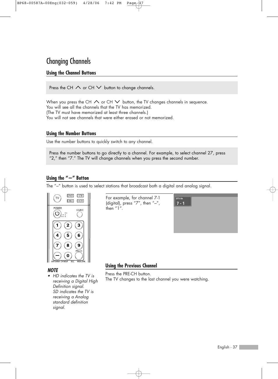 Changing channels | Samsung HLS5679WX-XAA User Manual | Page 37 / 160