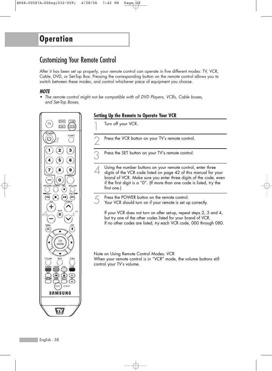 Customizing your remote control, Operation | Samsung HLS5679WX-XAA User Manual | Page 38 / 160