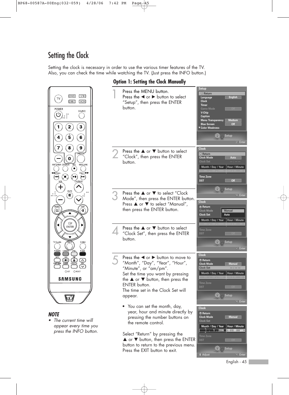 Setting the clock, Option 1: setting the clock manually | Samsung HLS5679WX-XAA User Manual | Page 45 / 160