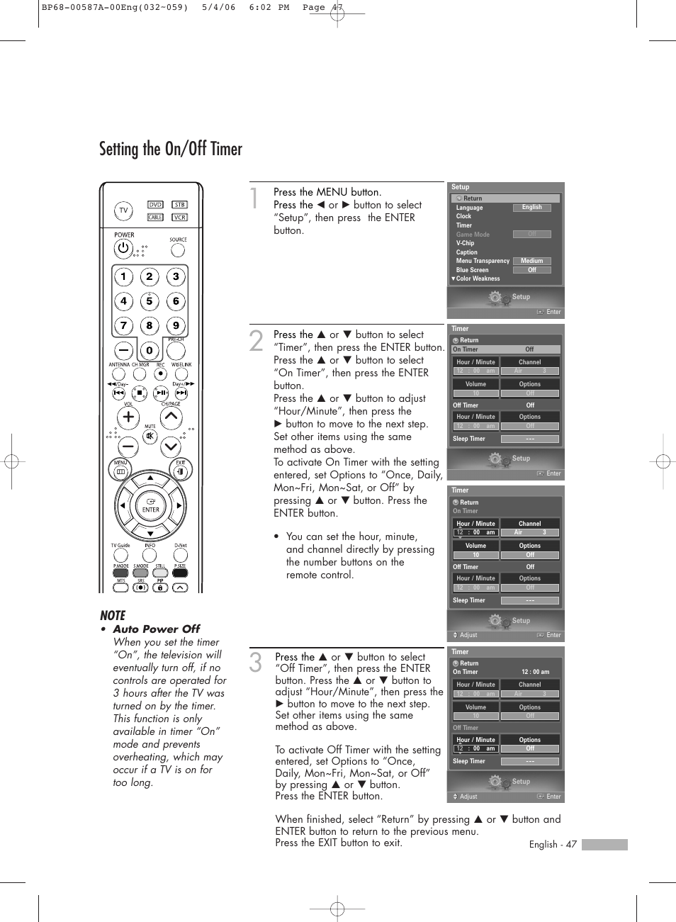 Setting the on/off timer | Samsung HLS5679WX-XAA User Manual | Page 47 / 160