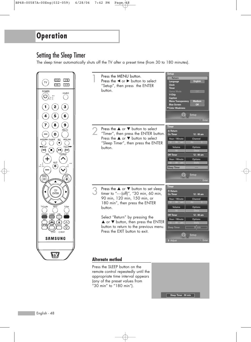 Setting the sleep timer, Operation, Alternate method | Samsung HLS5679WX-XAA User Manual | Page 48 / 160
