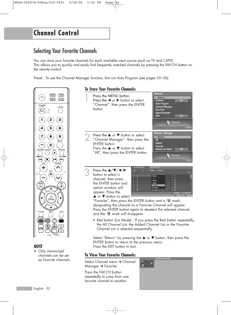 Channel control, Selecting your favorite channels | Samsung HLS5679WX-XAA User Manual | Page 52 / 160