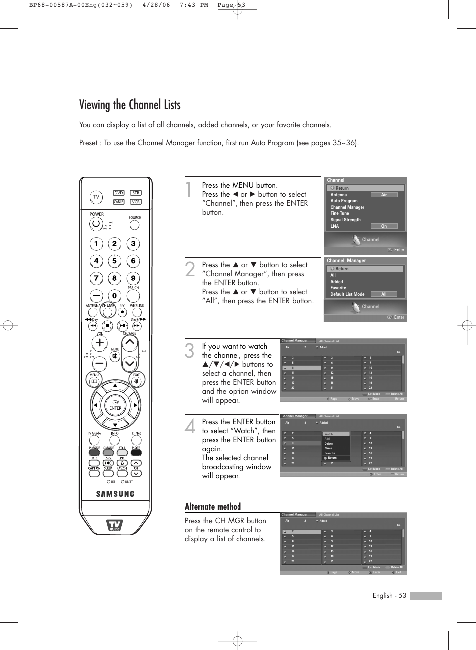 Viewing the channel lists, Alternate method, English - 53 | Samsung HLS5679WX-XAA User Manual | Page 53 / 160