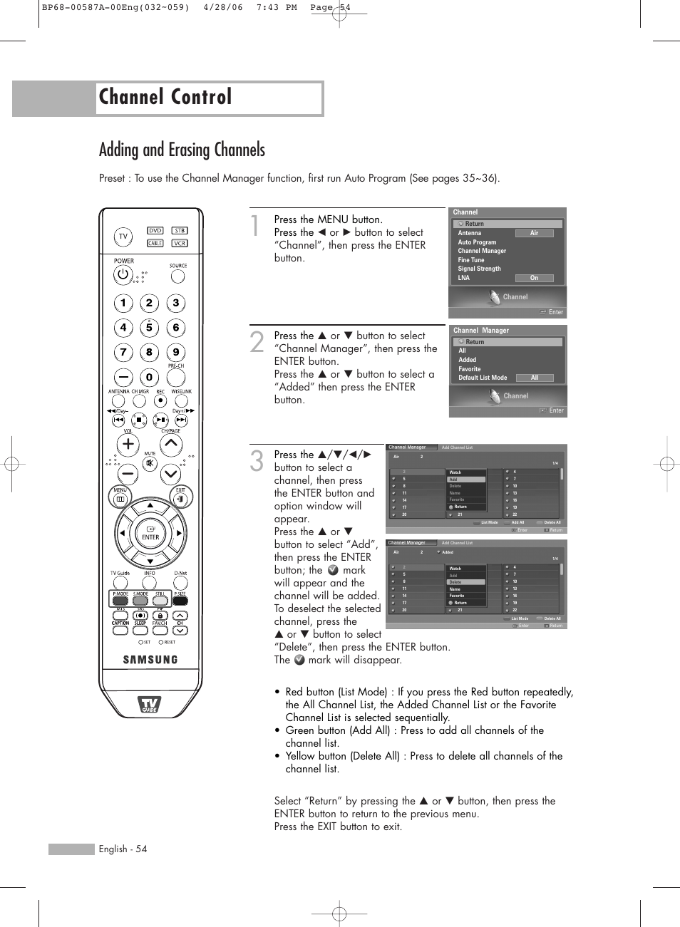 Adding and erasing channels, Channel control | Samsung HLS5679WX-XAA User Manual | Page 54 / 160