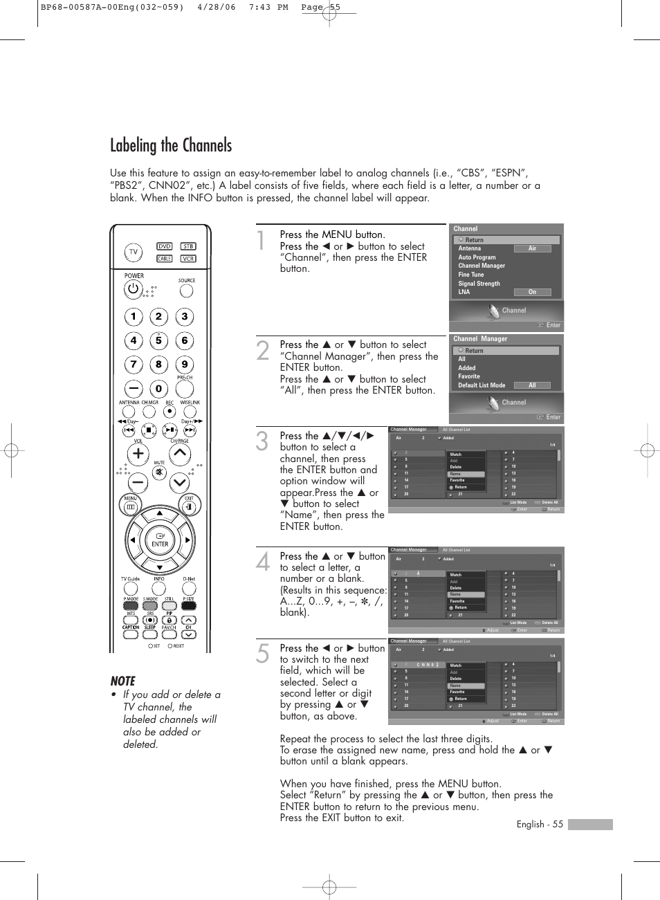 Labeling the channels, English - 55 | Samsung HLS5679WX-XAA User Manual | Page 55 / 160