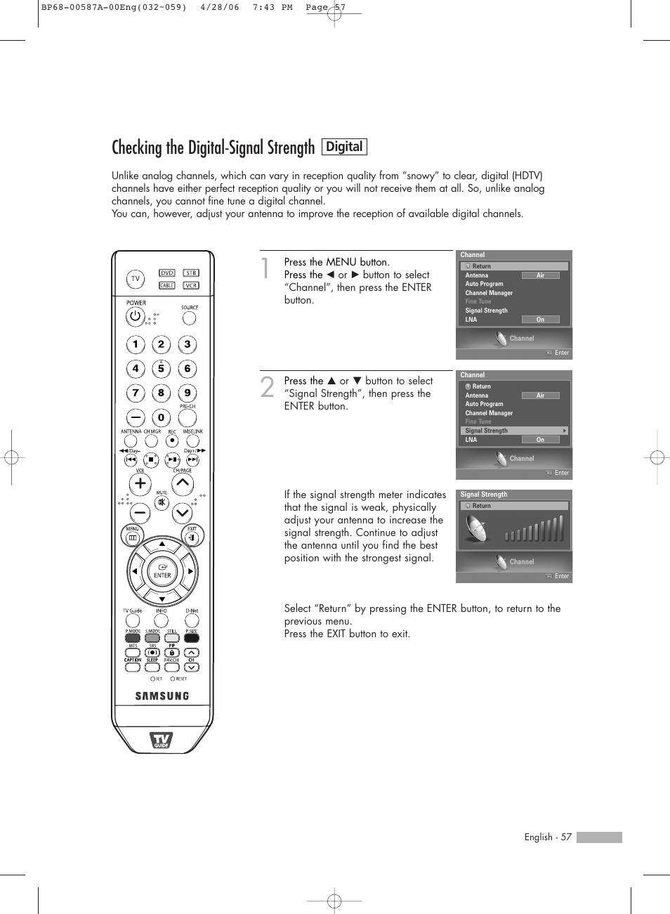 Checking the digital-signal strength-digital, Checking the digital-signal strength, Digital | Samsung HLS5679WX-XAA User Manual | Page 57 / 160