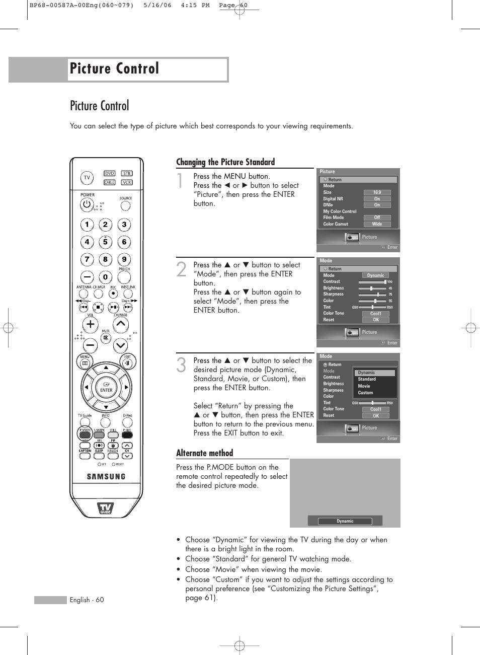 Picture control, Changing the picture standard, Alternate method | Samsung HLS5679WX-XAA User Manual | Page 60 / 160