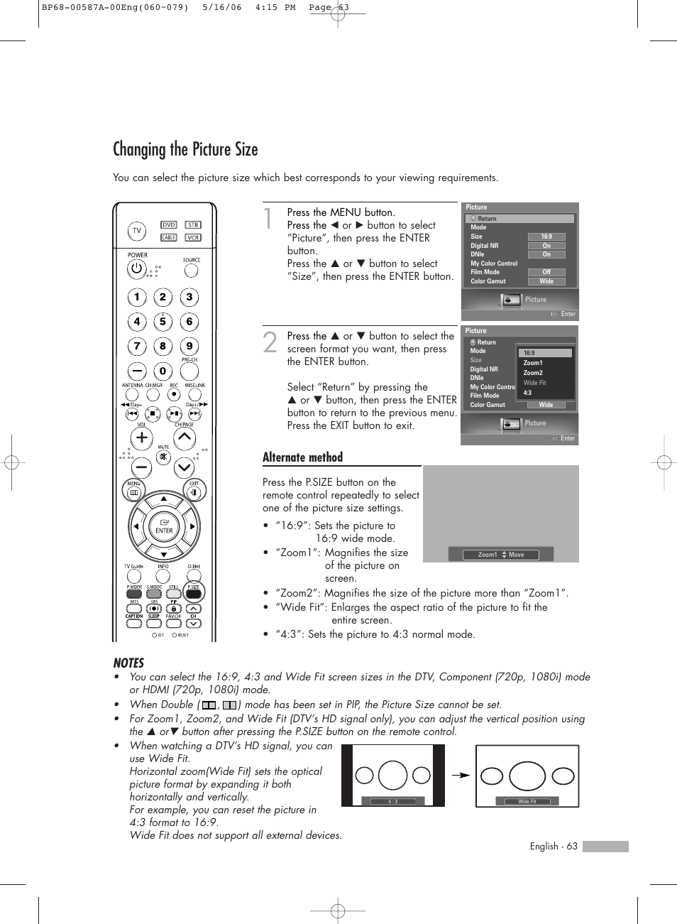 Changing the picture size, Alternate method | Samsung HLS5679WX-XAA User Manual | Page 63 / 160