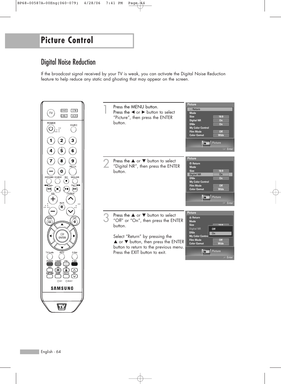 Digital noise reduction, Picture control | Samsung HLS5679WX-XAA User Manual | Page 64 / 160