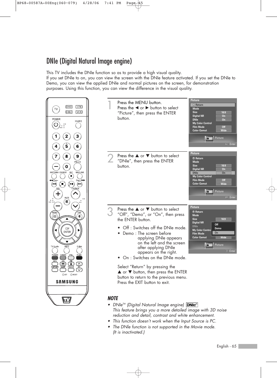 Dnie (digital natural image engine) | Samsung HLS5679WX-XAA User Manual | Page 65 / 160