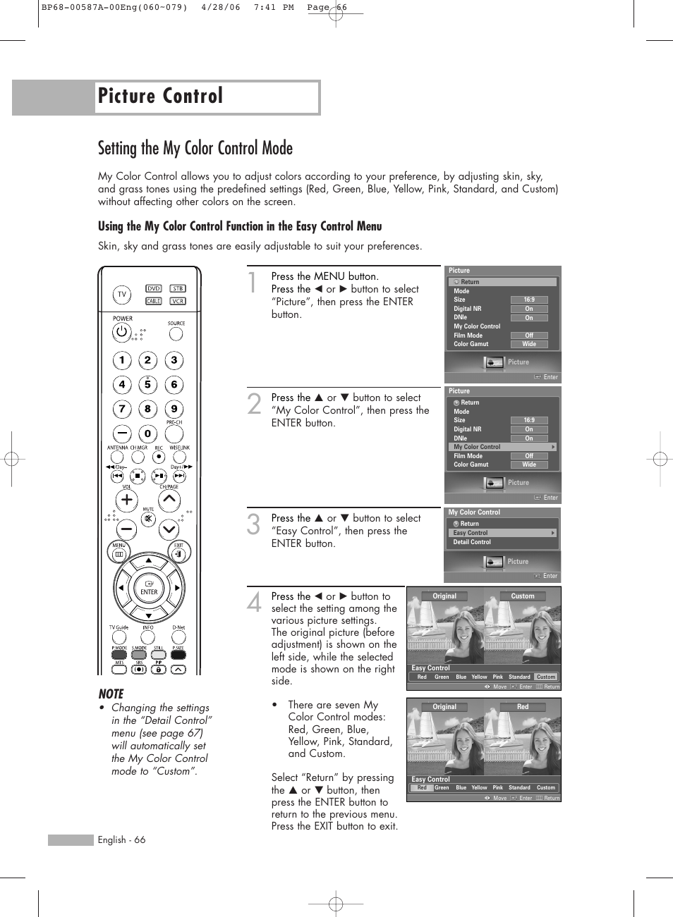 Setting the my color control mode, Picture control | Samsung HLS5679WX-XAA User Manual | Page 66 / 160