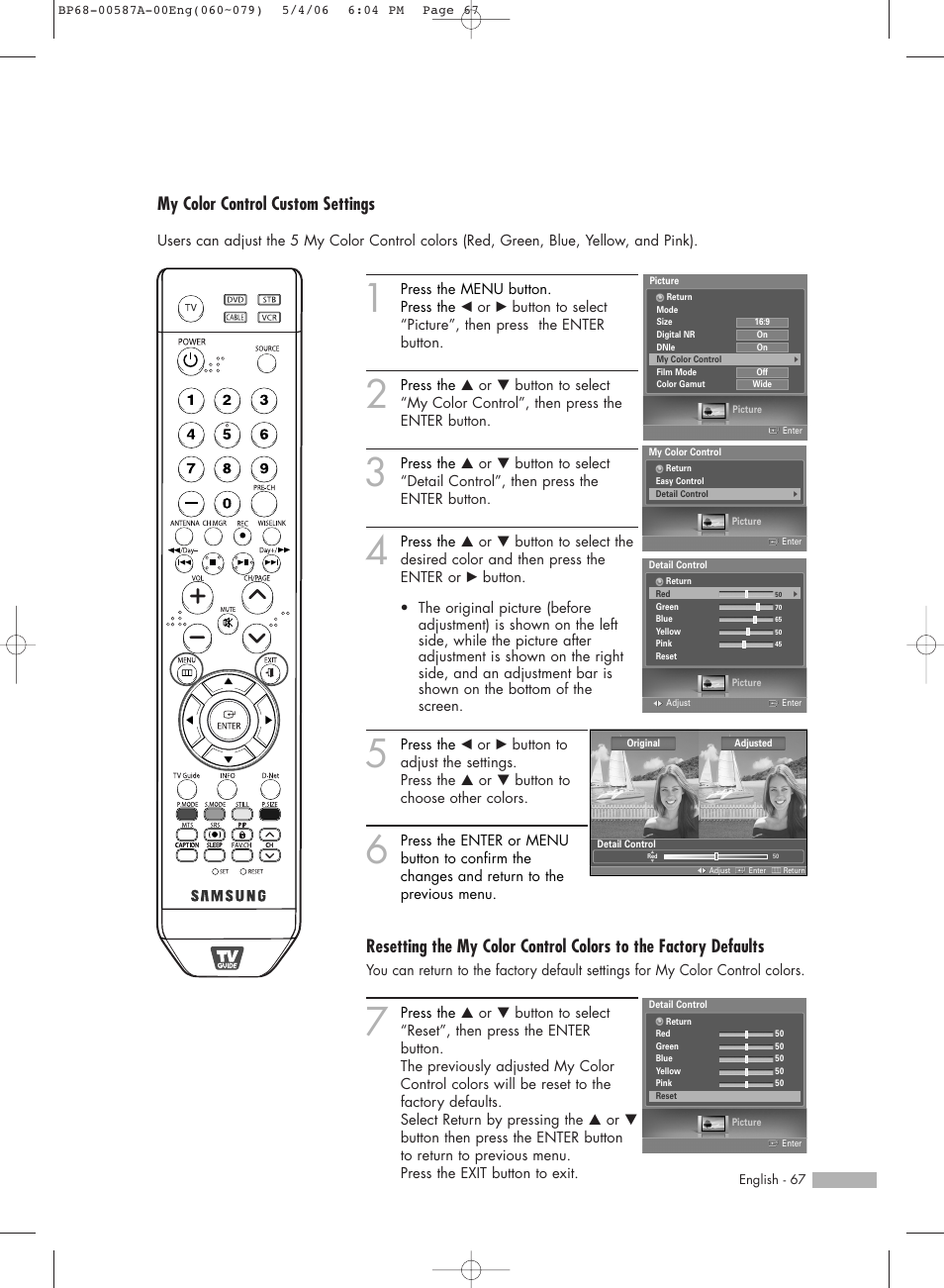 My color control custom settings | Samsung HLS5679WX-XAA User Manual | Page 67 / 160