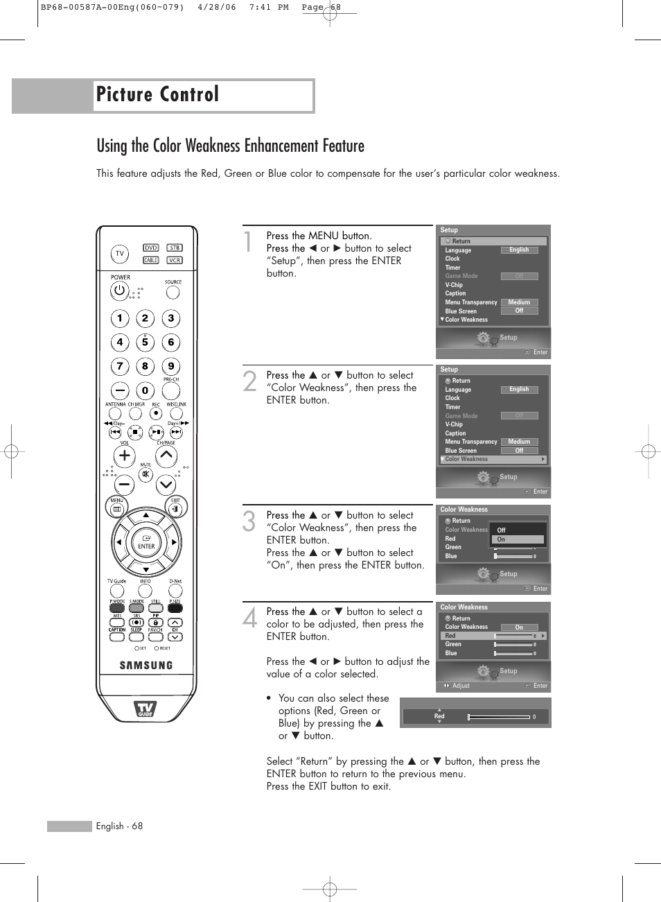Using the color weakness enhancement feature, Picture control | Samsung HLS5679WX-XAA User Manual | Page 68 / 160
