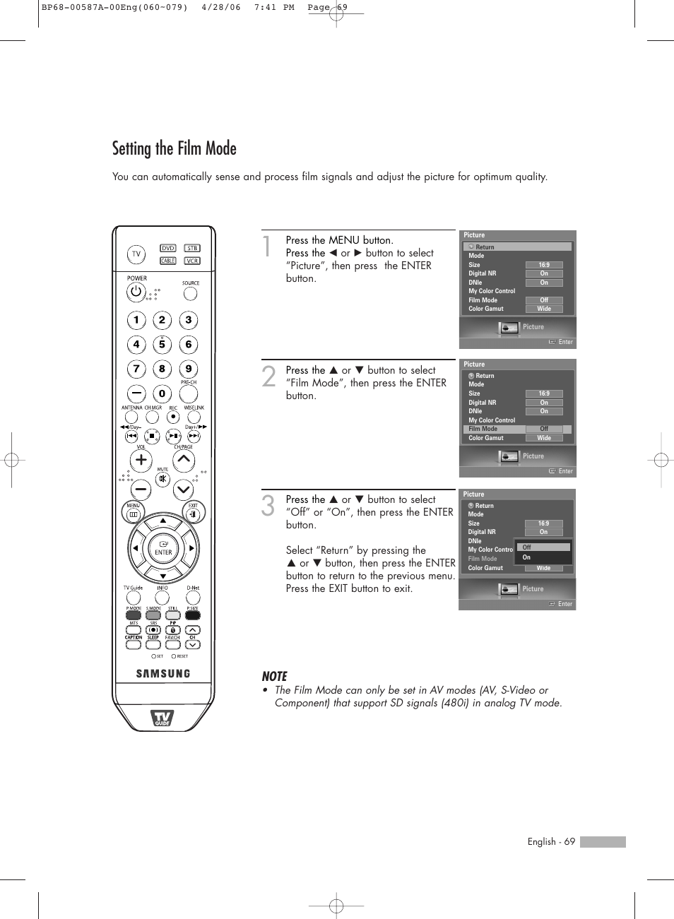 Setting the film mode | Samsung HLS5679WX-XAA User Manual | Page 69 / 160