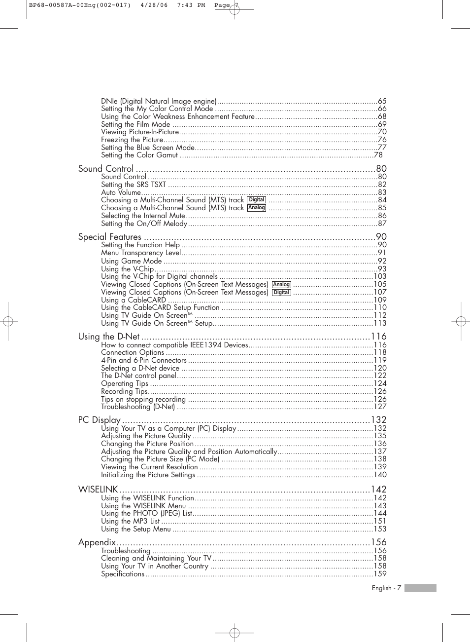 Sound control, Special features, Using the d-net | Pc display, Wiselink, Appendix | Samsung HLS5679WX-XAA User Manual | Page 7 / 160