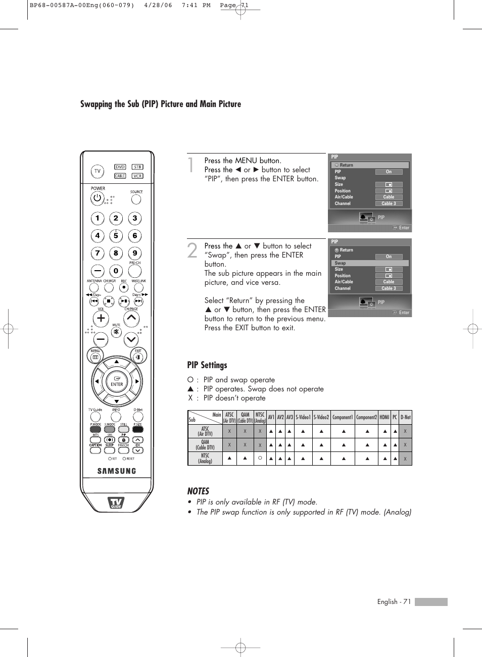 Swapping the sub (pip) picture and main picture, Pip settings | Samsung HLS5679WX-XAA User Manual | Page 71 / 160