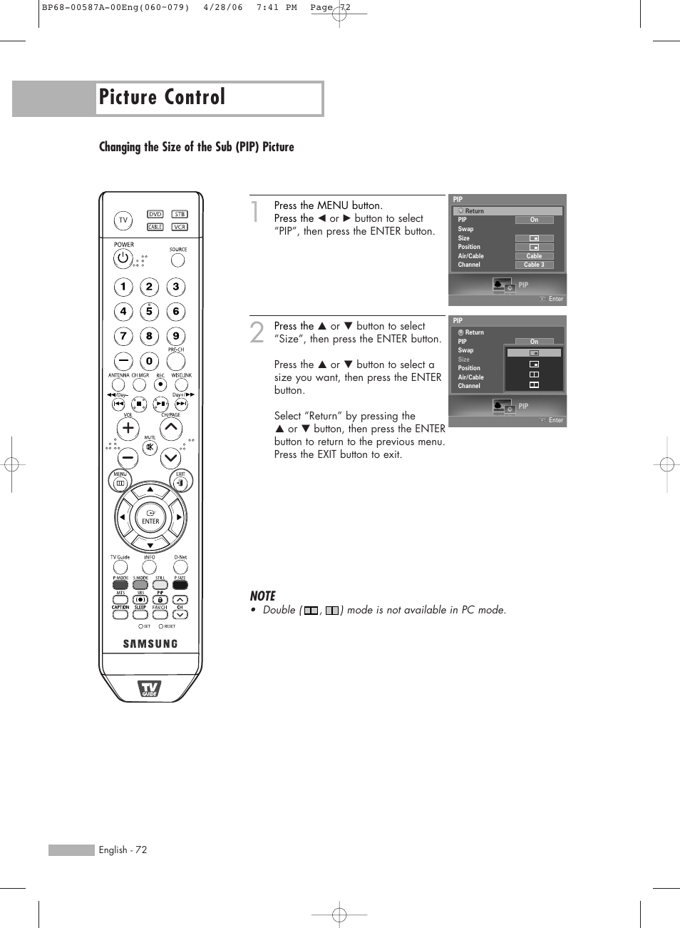 Changing the size of the sub (pip) picture, Picture control | Samsung HLS5679WX-XAA User Manual | Page 72 / 160