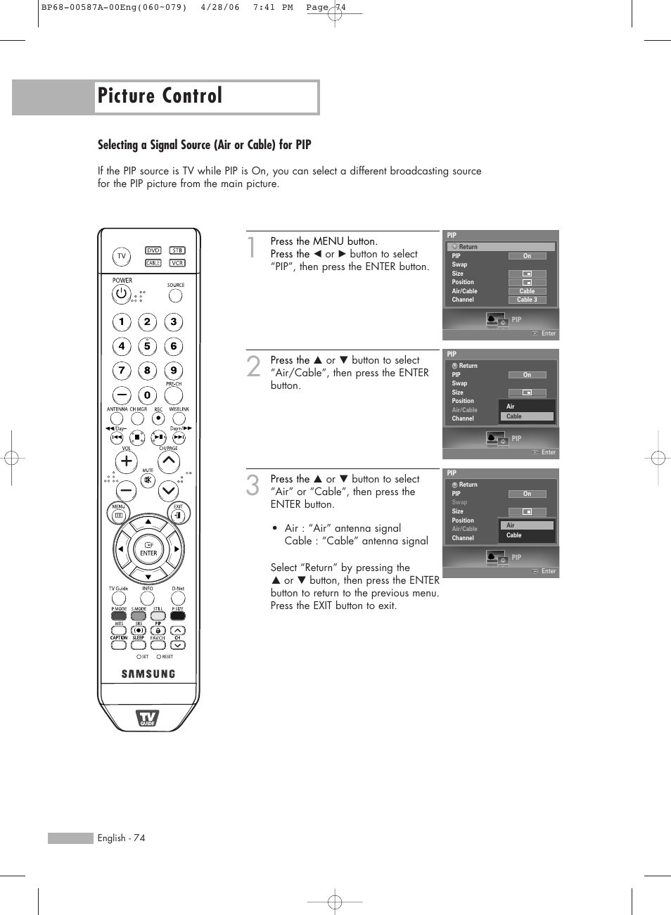 Selecting a signal source (air or cable) for pip, Picture control | Samsung HLS5679WX-XAA User Manual | Page 74 / 160