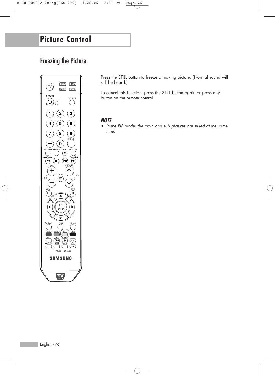 Freezing the picture, Picture control | Samsung HLS5679WX-XAA User Manual | Page 76 / 160