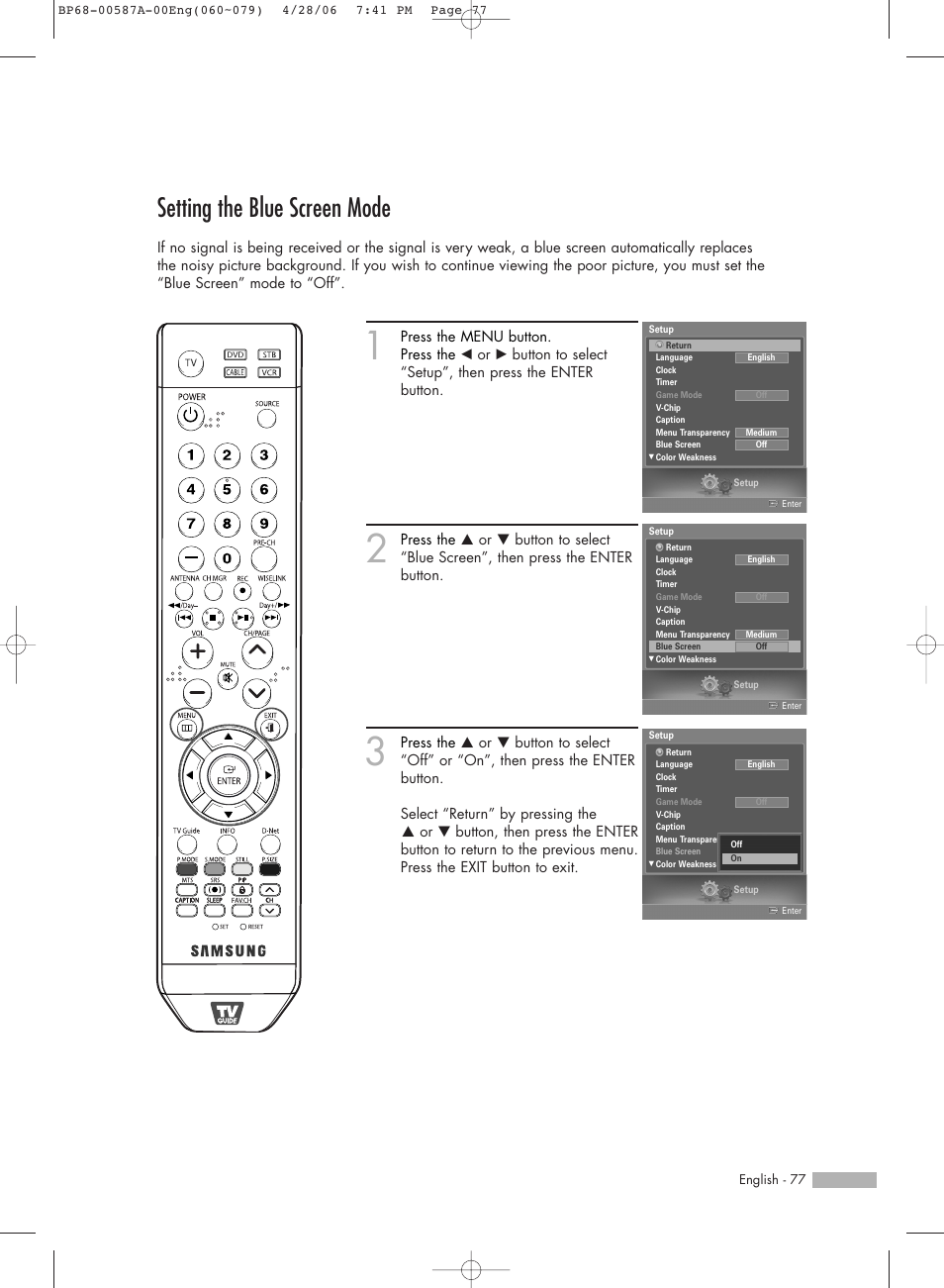 Setting the blue screen mode | Samsung HLS5679WX-XAA User Manual | Page 77 / 160