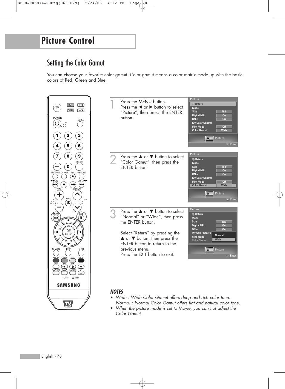 Setting the color gamut, Picture control | Samsung HLS5679WX-XAA User Manual | Page 78 / 160