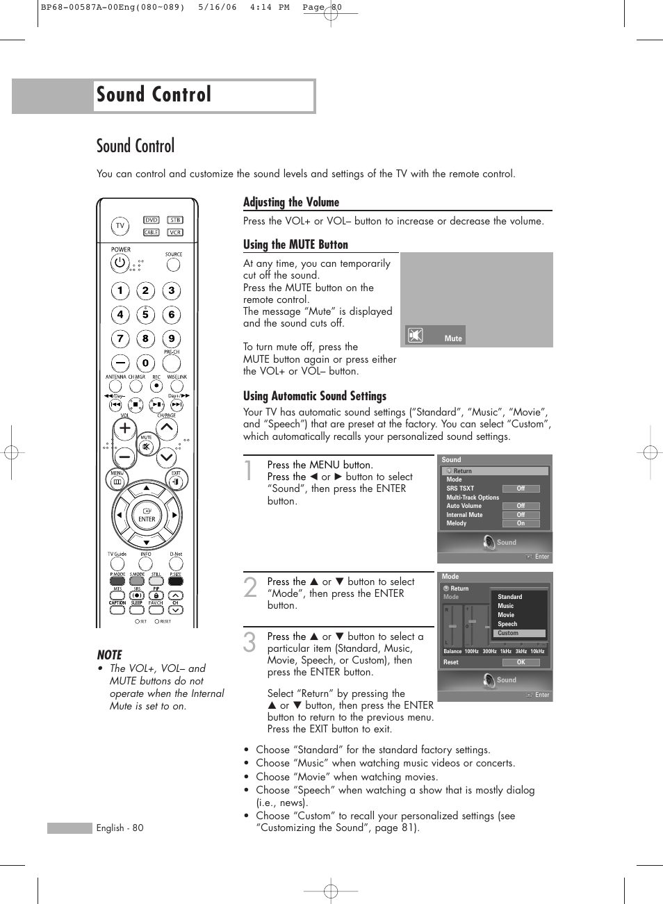 Sound control, Adjusting the volume, Using the mute button | Using automatic sound settings | Samsung HLS5679WX-XAA User Manual | Page 80 / 160