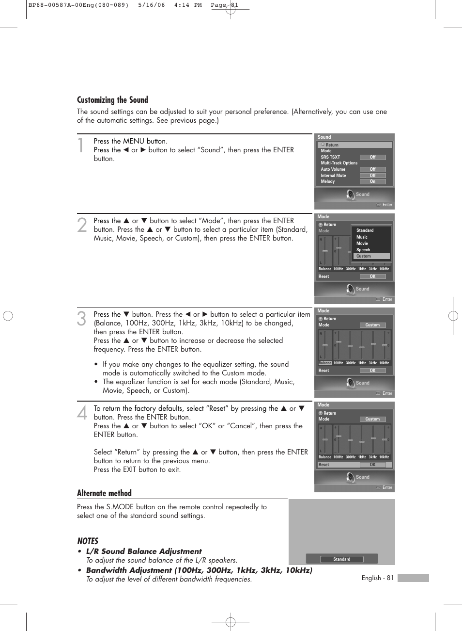 Customizing the sound, Alternate method | Samsung HLS5679WX-XAA User Manual | Page 81 / 160