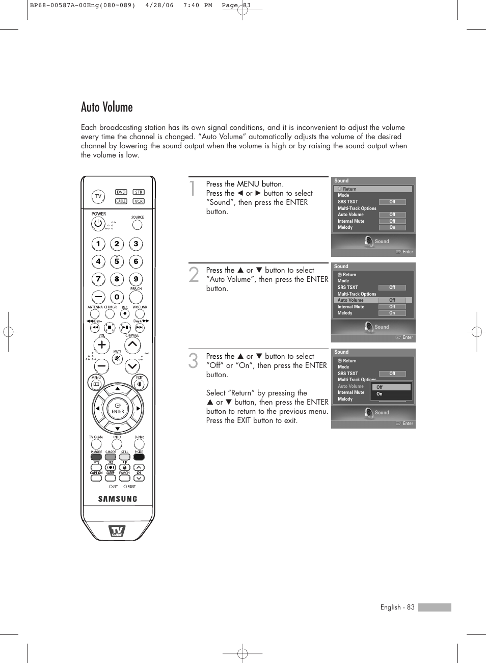 Auto volume | Samsung HLS5679WX-XAA User Manual | Page 83 / 160