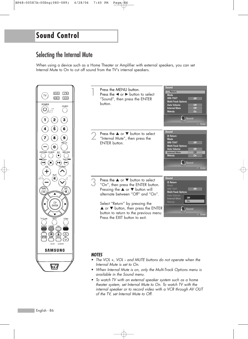 Selecting the internal mute, Sound control | Samsung HLS5679WX-XAA User Manual | Page 86 / 160