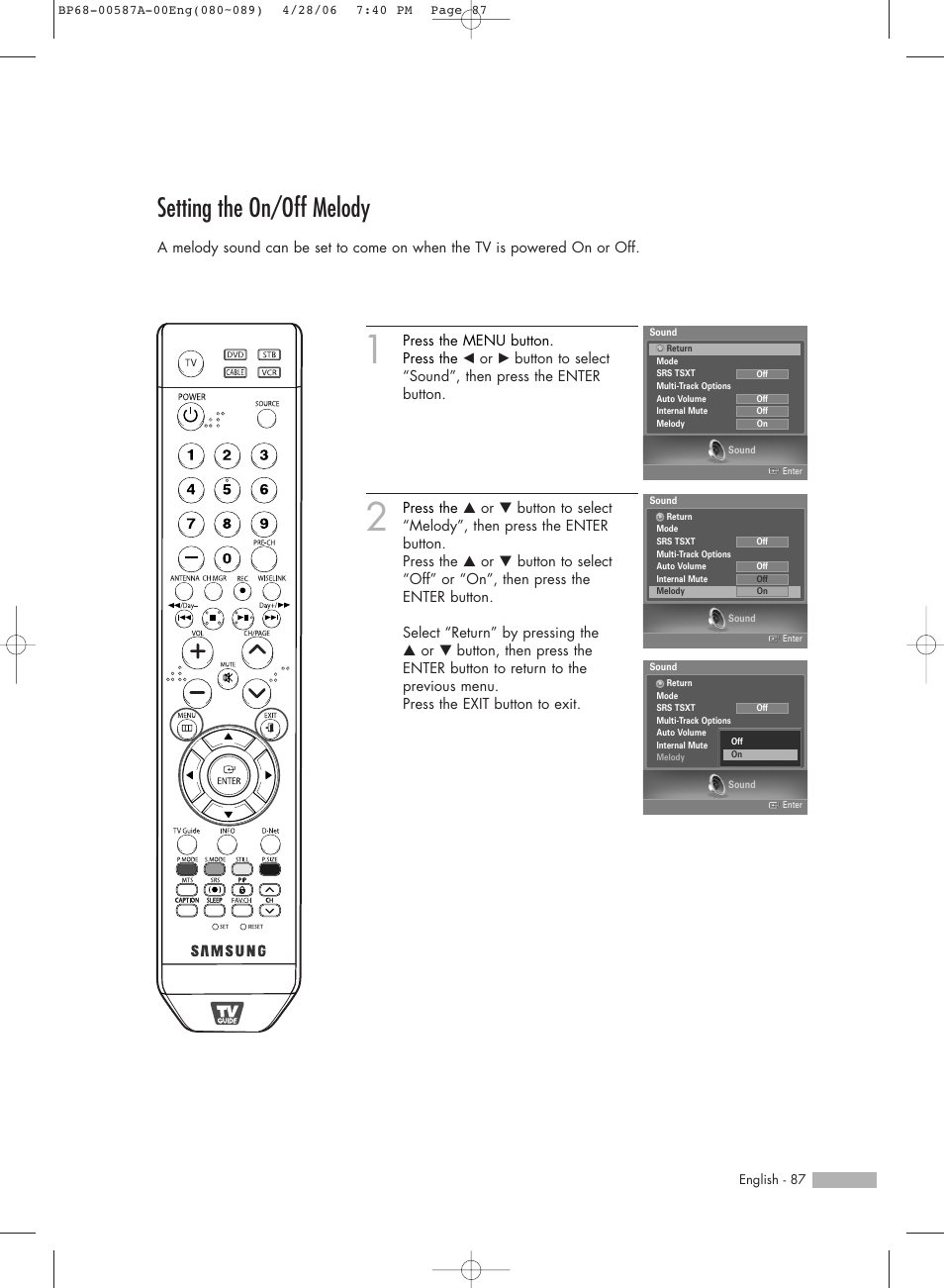 Setting the on/off melody | Samsung HLS5679WX-XAA User Manual | Page 87 / 160