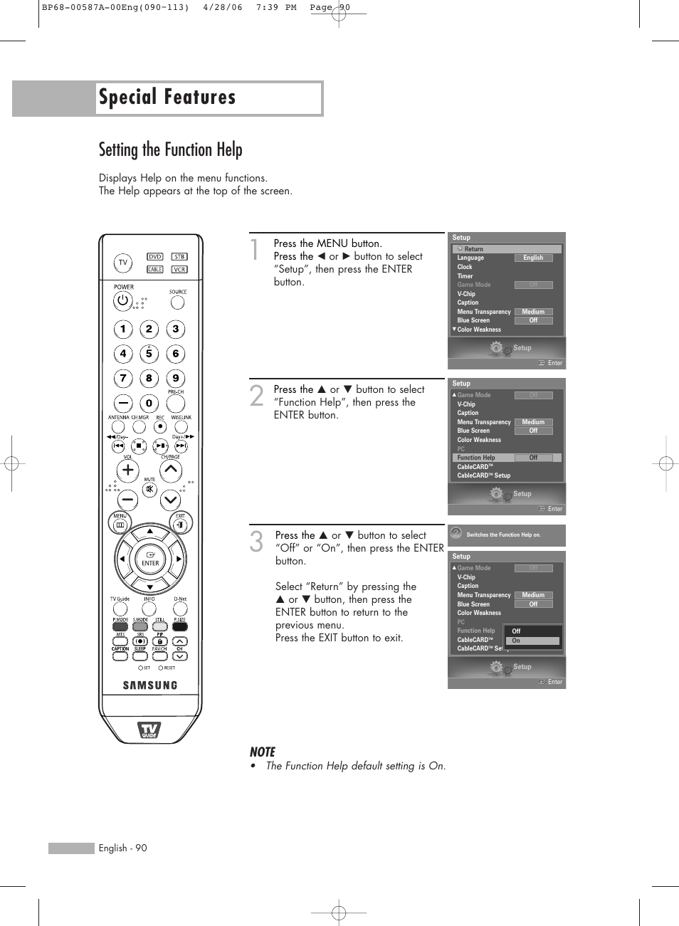 Special features, Setting the function help | Samsung HLS5679WX-XAA User Manual | Page 90 / 160