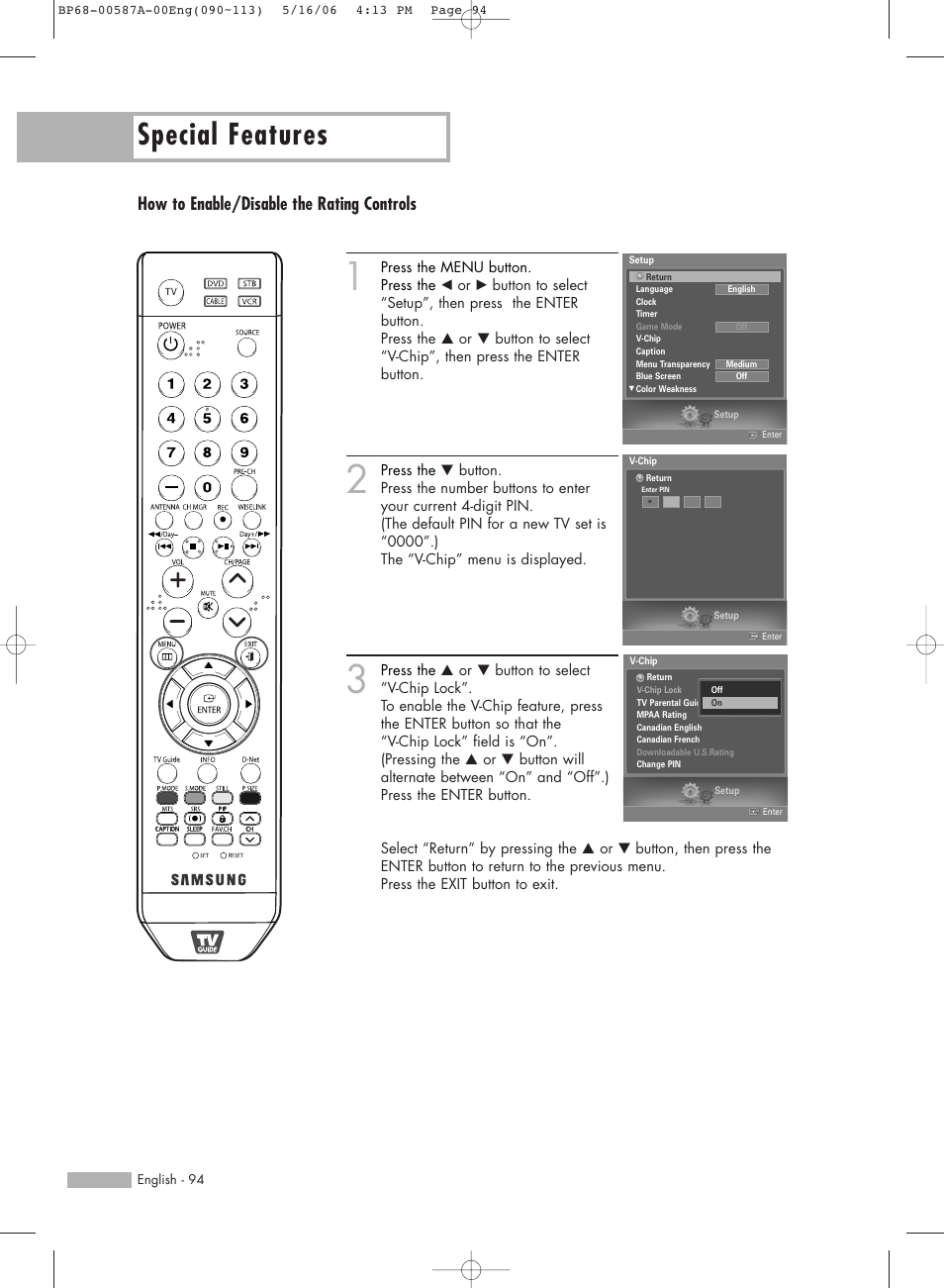 Special features, How to enable/disable the rating controls | Samsung HLS5679WX-XAA User Manual | Page 94 / 160