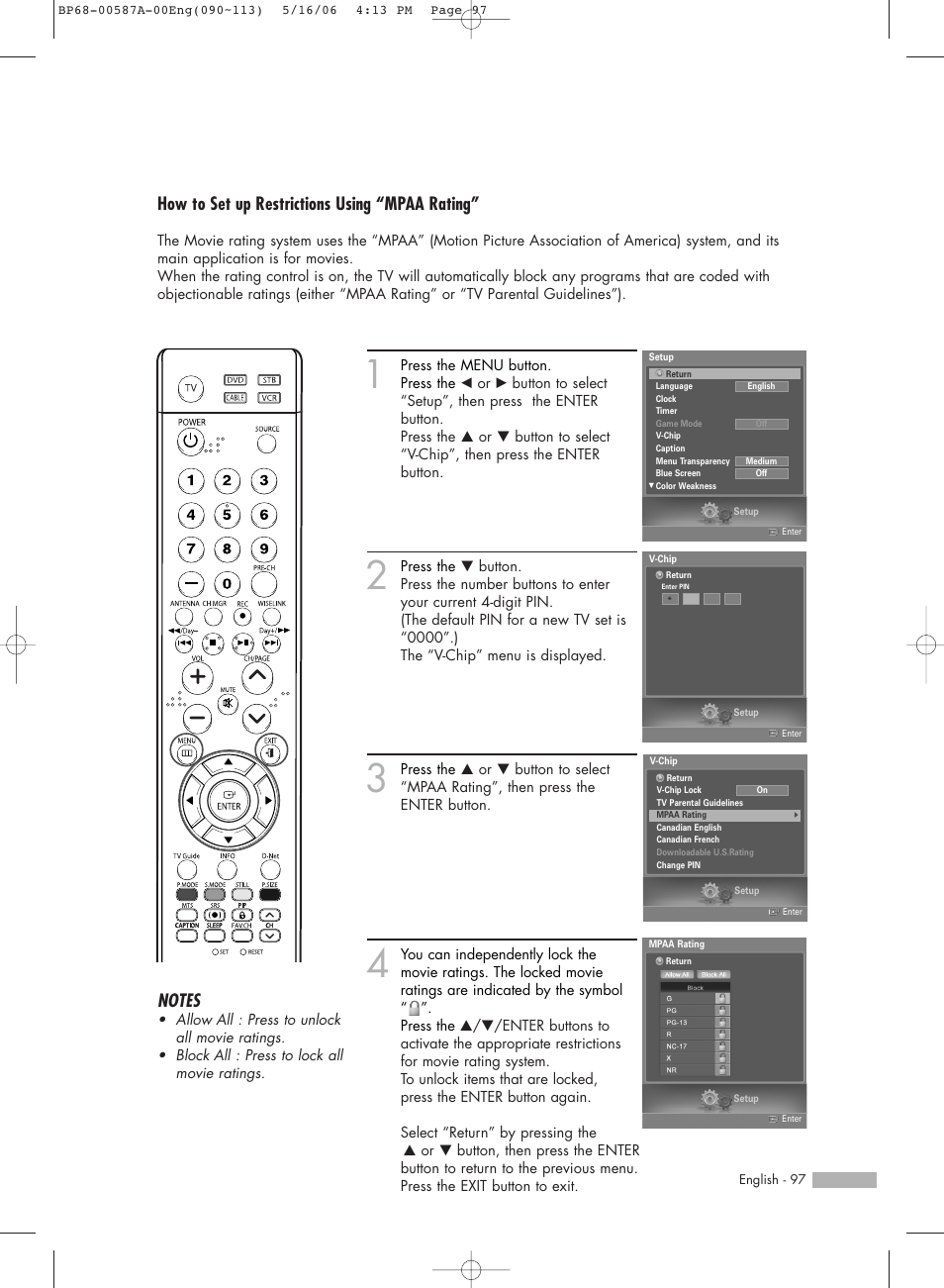 How to set up restrictions using “mpaa rating | Samsung HLS5679WX-XAA User Manual | Page 97 / 160