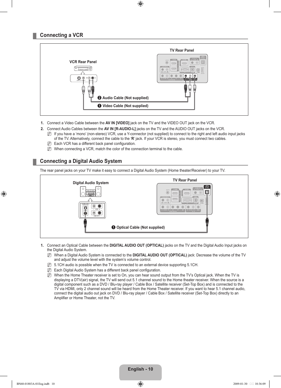 Connecting a vcr, Connecting a digital audio system | Samsung LN52B530P7FXZA User Manual | Page 12 / 101