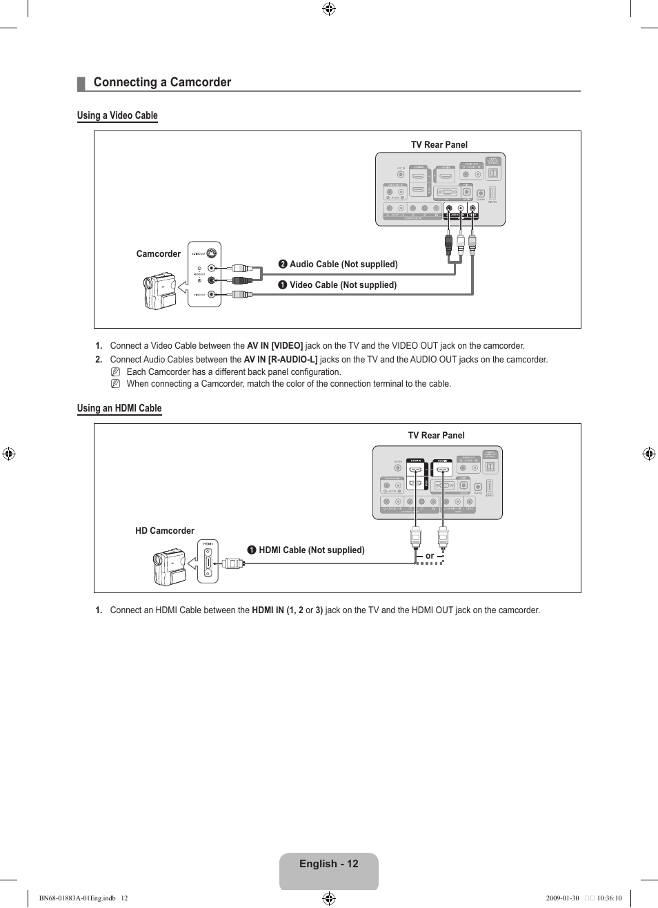 Connecting a camcorder | Samsung LN52B530P7FXZA User Manual | Page 14 / 101