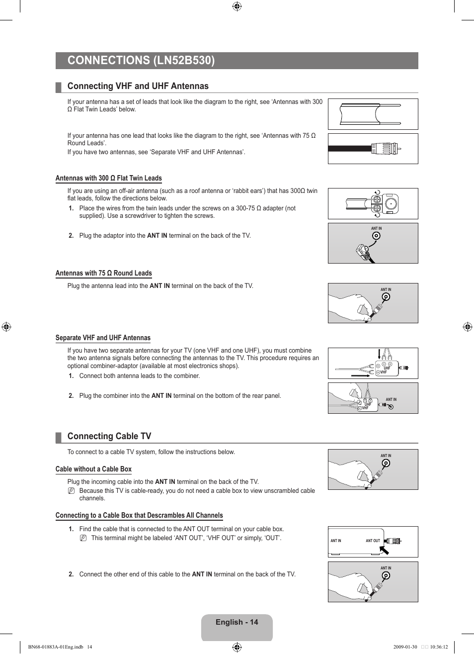 Conections (ln52b530), Connecting vhf and uhf antennas, Connecting cable tv | Samsung LN52B530P7FXZA User Manual | Page 16 / 101