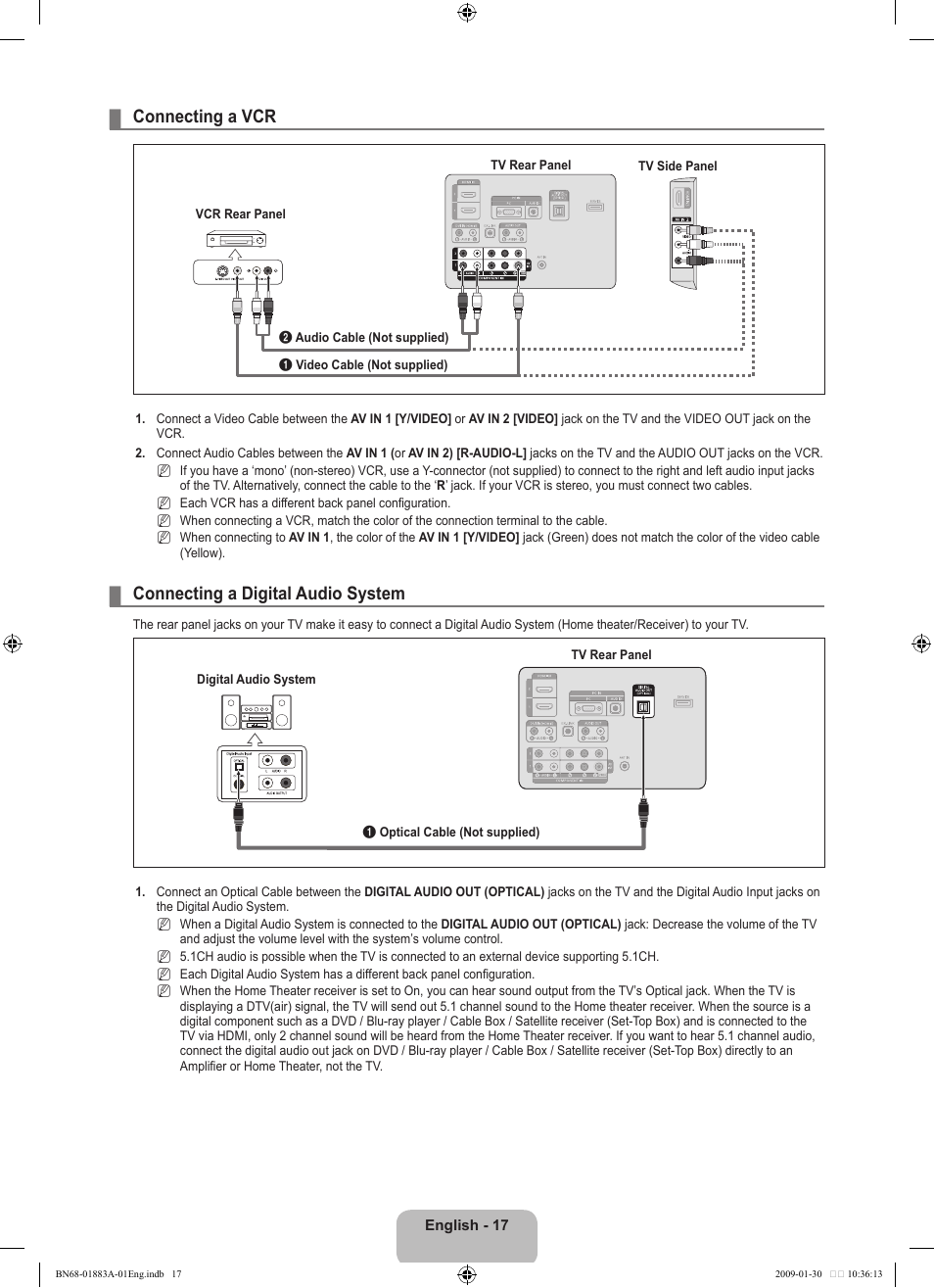 Connecting a vcr, Connecting a digital audio system | Samsung LN52B530P7FXZA User Manual | Page 19 / 101