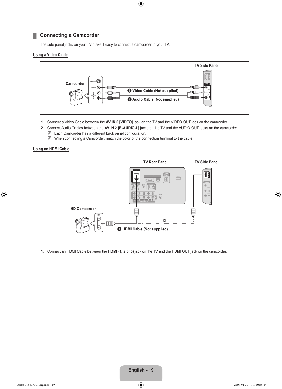 Connecting a camcorder | Samsung LN52B530P7FXZA User Manual | Page 21 / 101