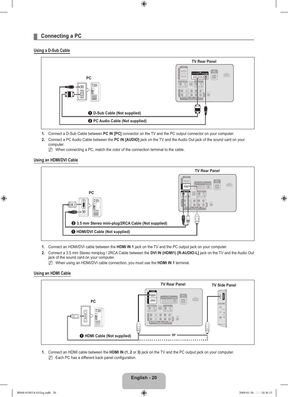 Connecting a pc | Samsung LN52B530P7FXZA User Manual | Page 22 / 101