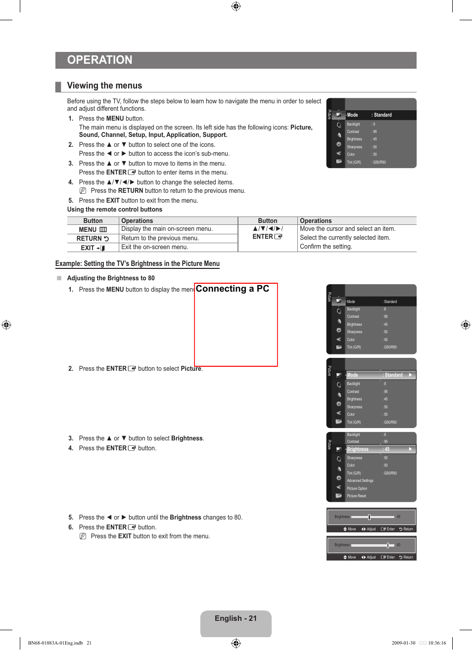 Operation, Viewing the menus, Connecting a pc | English - 21 | Samsung LN52B530P7FXZA User Manual | Page 23 / 101