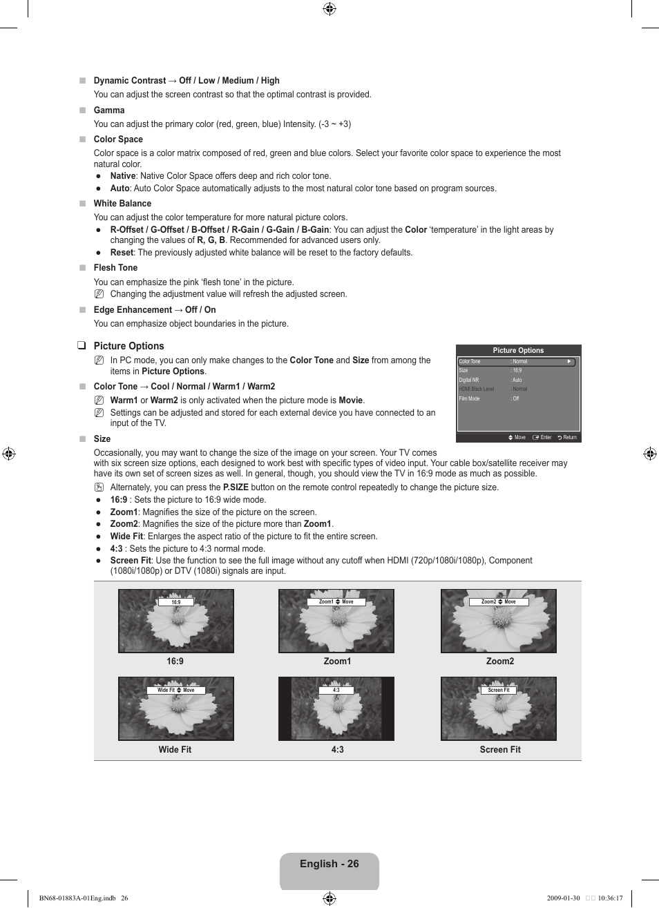 English - 26, Picture options | Samsung LN52B530P7FXZA User Manual | Page 28 / 101