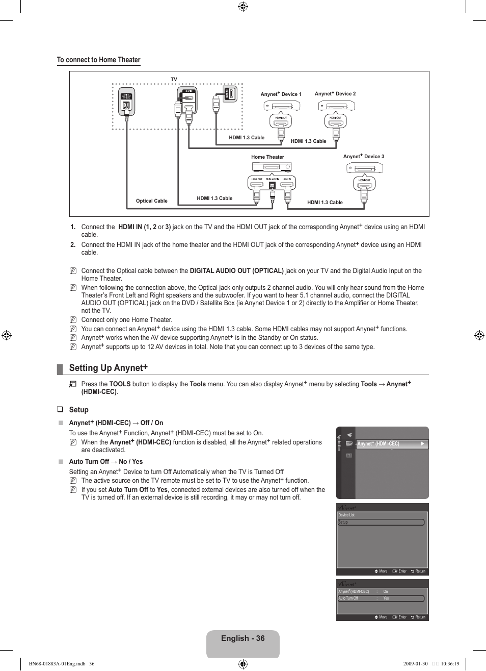 Setting up anynet, English - 36 to connect to home theater, Setup | Samsung LN52B530P7FXZA User Manual | Page 38 / 101