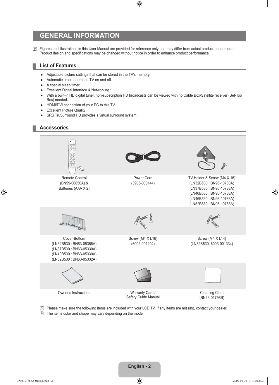 General information, List of features, Accessories | Samsung LN52B530P7FXZA User Manual | Page 4 / 101